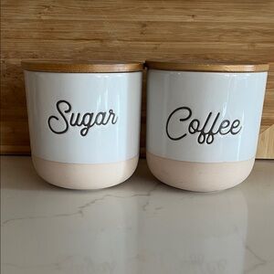 White and Tan Sugar and Coffee Canisters